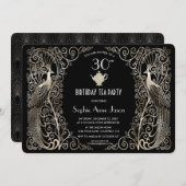 グラムシルバーアールデコピーコック誕生日ティーパーティー 招待状 (正面/裏面)