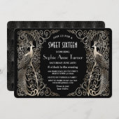 グラムシルバーアールデコピーコックSweet sixteenパーティー 招待状 (正面/裏面)