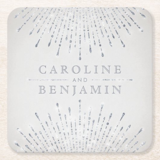 グラムシルバーグリッターデコヴィンテージウェディングモノグラム スクエアペーパーコースター (正面)