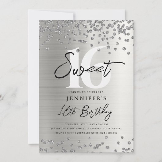 グラムシルバーグリッターフォトスウィート16パーティー 招待状 (正面)