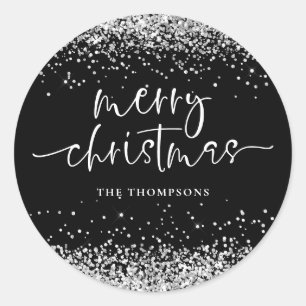 グラムシルバーグリッターメリークリスマスブラック ラウンドシール