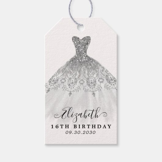 グラムシルバーグレイグリッタードレス誕生日サンキュー ギフトタグ (正面)