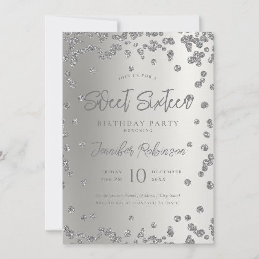 グラムシルバーシックグリッターフォトスウィート16 招待状 (正面)
