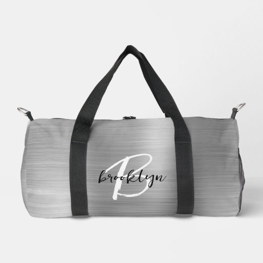 グラムシルバーブラシ仕上げ金属白黒モノグラム ダッフルバッグ (正面)