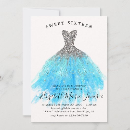 グラムシルバーブルースパークルドレススウィート16誕生日 招待状 (正面)