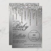 グラムシルバーメタリックグリッタードリップベビーシャワー 招待状 (正面/裏面)