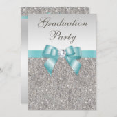 グラムシルバー宝石ティール（緑がかった色）ボウガールズ卒業パーティー 招待状 (正面/裏面)