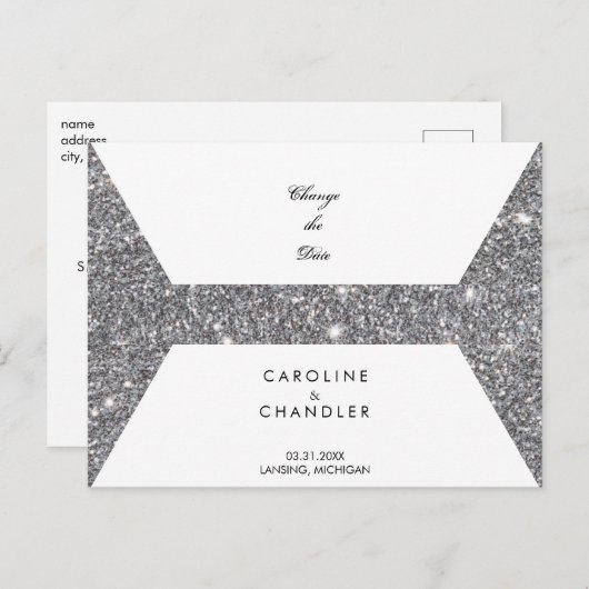 グラムシルバー結婚グリッターの日付の変更 案内ポストカード (正面/裏面)