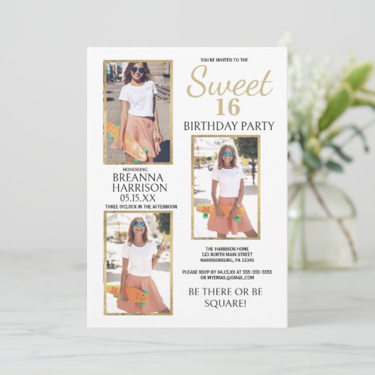 グラムシンプルエレガント金ゴールド写真甘い16 招待状 (スタンド正面)