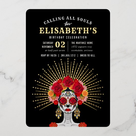 グラムスケルトンデイオブザデッドテーマ誕生日パーティー 箔招待状 (正面)