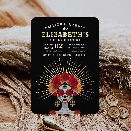 グラムスケルトンデイオブザデッドテーマ誕生日パーティー 箔招待状