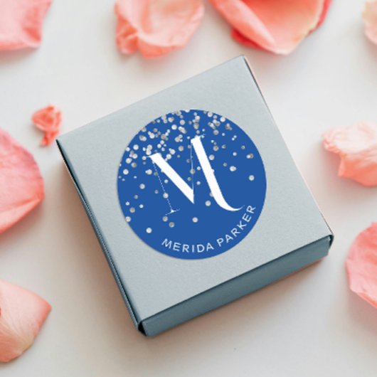 グラムスタイリッシュシルバーグリッターブルーネームモノグラム ラウンドシール