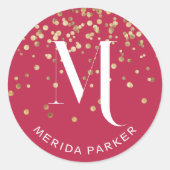 グラムスタイリッシュレッド金ゴールドグリッターイニシャルモノグラム ラウンドシール (正面)