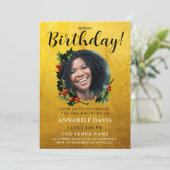 グラムスタイリッシュ金ゴールドクリスマスリース誕生日写真 招待状 (スタンド正面)