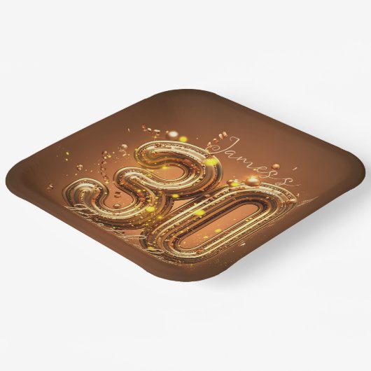 グラムスタイリッシュ・ブラウンと金ゴールド30歳の誕生日 ペーパープレート (傾斜あり)