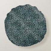 グラムターコイズティール（緑がかった色）ブルーレオパードプリントグリッター ラウンドクッション (裏面)