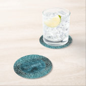 グラムターコイズティール(緑がかった色)ブルーレオパードプリントグリッター ラウンドペーパーコースター (インサイチュ)