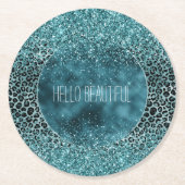 グラムターコイズティール(緑がかった色)ブルーレオパードプリントグリッター ラウンドペーパーコースター (正面)