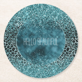 グラムターコイズティール（緑がかった色）ブルーレオパードプリントグリッター ラウンドペーパーコースター