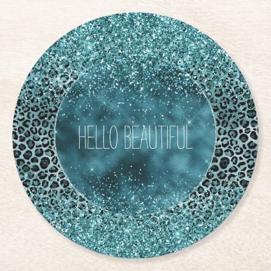 グラムターコイズティール(緑がかった色)ブルーレオパードプリントグリッター ラウンドペーパーコースター (正面)