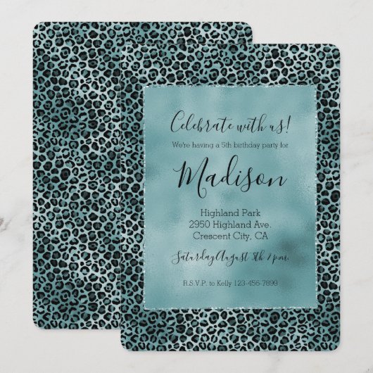 グラムターコイズティール（緑がかった色）ブルーレオパードプリント 招待状 (正面/裏面)