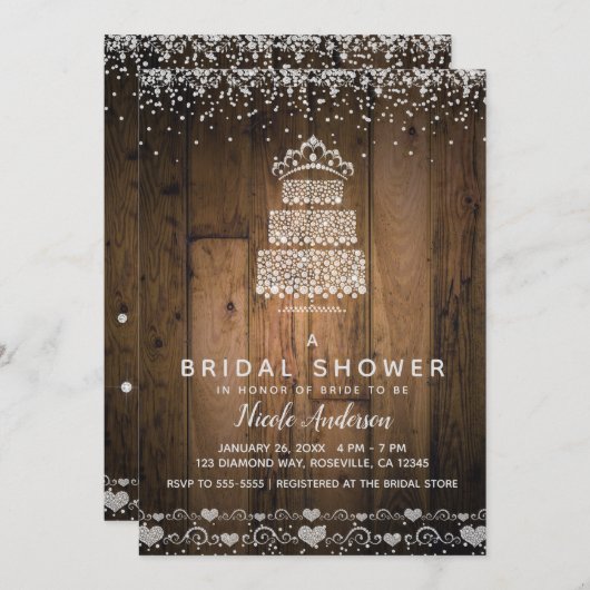 グラムダイアモンドきらきら光るケーキティアラ&ウッドブライダルシャワー 招待状 (正面/裏面)