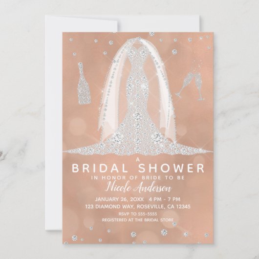 グラムダイアモンド結婚ズドレスピーチブライダルシャワー 招待状 (正面)