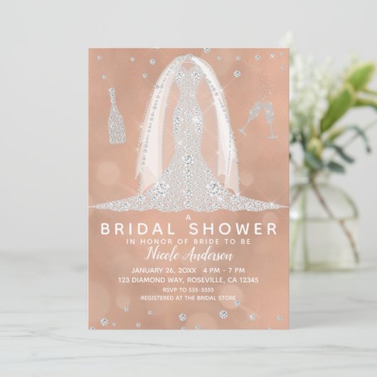 グラムダイアモンド結婚ズドレスピーチブライダルシャワー 招待状 (スタンド正面)