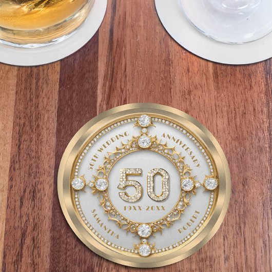 グラムダイヤモンド&金ゴールドフレーム結婚50周年 ラウンドペーパーコースター
