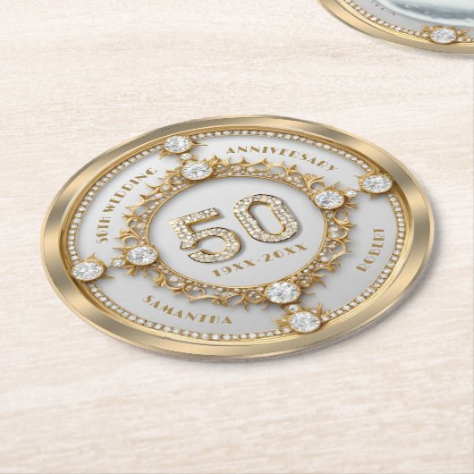 グラムダイヤモンド&金ゴールドフレーム結婚50周年 ラウンドペーパーコースター (アングル)