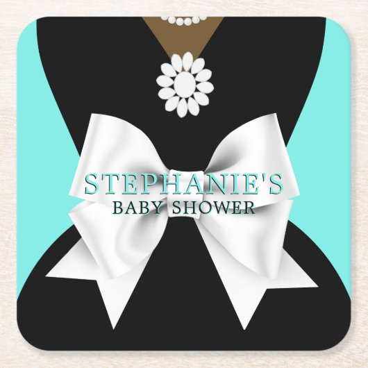 グラムティール（緑がかった色）エスニックファンシーティファニーテーマベビーシャワー スクエアペーパーコースター (正面)