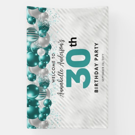 グラムティール(緑がかった色)グリーンシルバーバルーングリッターウェルカム 横断幕 (縦)