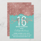 グラムティール(緑がかった色)バラ金ゴールドグリッターカラーブロックスウィート16 招待状 (正面/裏面)