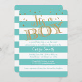 グラムティール(緑がかった色)ラグビーストライプボーイベビーシャワー招待状 招待状 (正面/裏面)