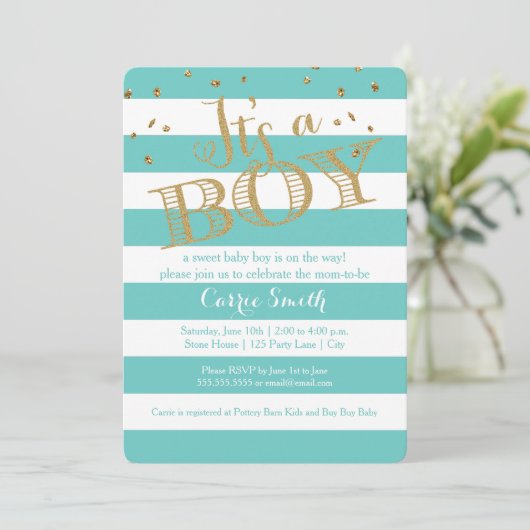 グラムティール（緑がかった色）ラグビーストライプボーイベビーシャワー招待状 招待状 (スタンド正面)