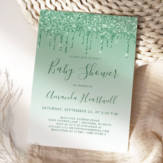 グラムドリップグリッターグリーンベビーシャワー招待状
