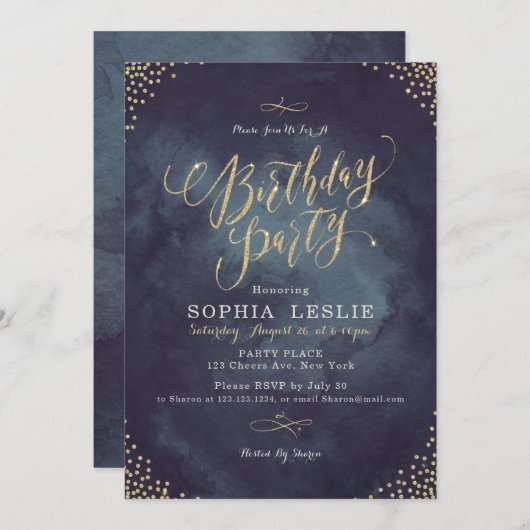 グラムナイト金ゴールドグリッター書道バースデーパーティー 招待状 (正面/裏面)