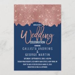 グラムネイビーバラ金ゴールドグリッターカラーブロック結婚ズ 招待状