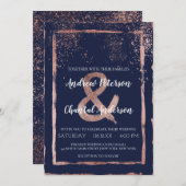 グラムネイビーバラ金ゴールド紙吹雪ブラッシュストロ結婚ーク 招待状 (正面/裏面)