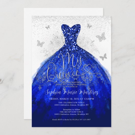グラムネイビーブルーシルバードレスミクインズキンセアニラ 招待状 (正面/裏面)