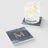 グラムネイビーブルー金ゴールドアゲードグリッターモノグラム ストーンコースター (横)