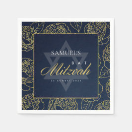 グラムネイビーブルー金ゴールドバラフローラバーバルミツワー スタンダードカクテルナプキン