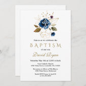 グラムネイビーブルー金ゴールドフローラホワイトクロスボーイバプテスマ 招待状 (正面/裏面)