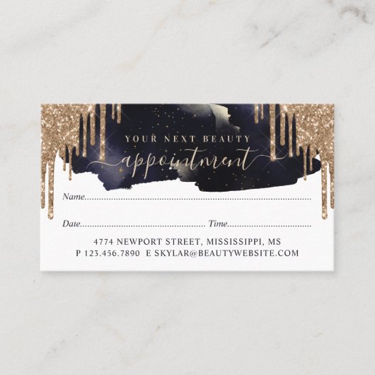 グラムネイビー&金ゴールドグリッタードリップスエレガント美しい 予約カード (正面)