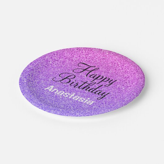 グラムハッピーバースデーグラデーションパープルグリッタースパークル ペーパープレート (アングル)