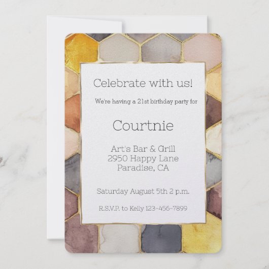 グラムハニーコーム赤面シャンパン抽象芸術誕生日 招待状 (正面)