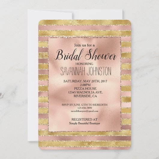 グラムバラと金ゴールドグリジーストライプブライダルシャワー 招待状 (正面)