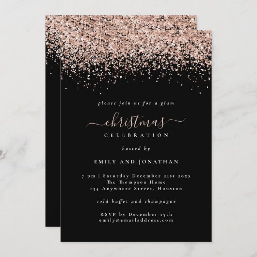 グラムバラ金ゴールドグリッタークリスマスパーティーブラックエキサイト 招待状 (正面/裏面)
