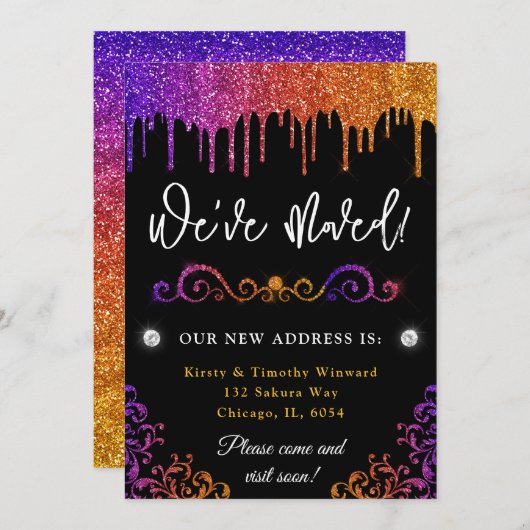 グラムパープルとオレンジグラデーショングリッターニューホーム 案内状 (正面/裏面)