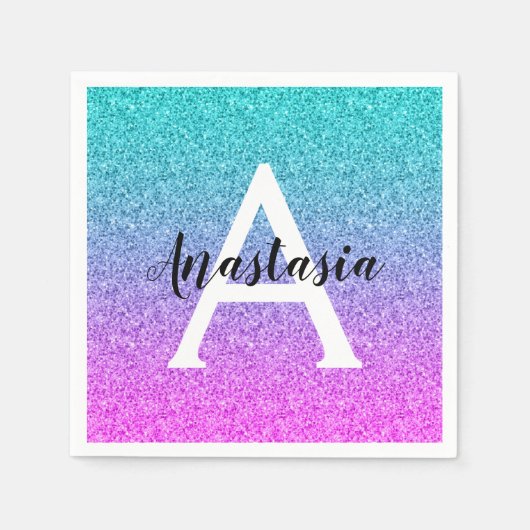 グラムパープルアクアグリッタースパークルグラジエントモノグラム スタンダードカクテルナプキン (正面)